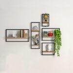 URKV Solid Wood Floating Shelves Wall Shelf for Bedroom | Wooden Hanging Shelf Black Metal Iron and Wood Set of 5 Wall Shelves Cube Decoration Floating Unit Frame