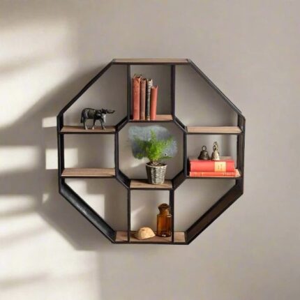 URKV Solid Sheesham Wood Octagonal Wall Shelf | Hexagon Wall Rack for Living Room, Bedroom, Office | Wooden & Metal Decorative Wall Shelf for Home Décor (Brown