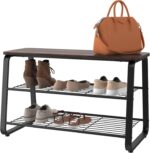 URKV 3-Tier Shoe Rack with Seat Bench | Wooden Top Entryway Shoe Organizer with Metal Frame | Shoe Storage Rack for Hallway, Living Room & Bedroom - Image 3