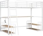 URKV Twin Size Loft Bed with Desk and Storage Shelves, Heavy Duty Loft Bed Frame with Safety Guardrail for Kids Boys Girls | Metal Bunk Bed with Ladder for Home (White) - Image 2