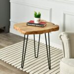 URKV Wooden End Table for Living Room | Versatile Sofa Side Table, Coffee Table, or Plant Stand | Tree Slice Bark Look Metal Legs Stool