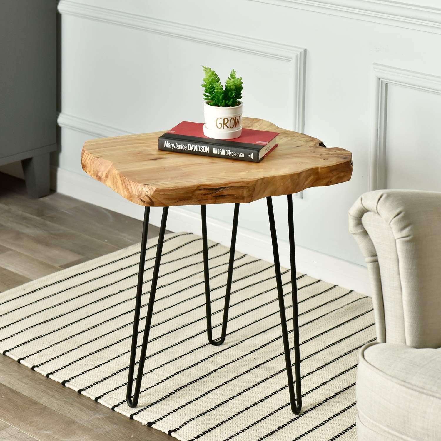716ikMEXfWL._SL1500_ URKV Wooden End Table for Living Room | Versatile Sofa Side Table, Coffee Table, or Plant Stand | Tree Slice Bark Look Metal Legs Stool - Image 1