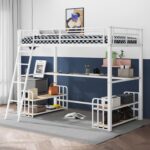 URKV Twin Size Loft Bed with Desk and Storage Shelves, Heavy Duty Loft Bed Frame with Safety Guardrail for Kids Boys Girls | Metal Bunk Bed with Ladder for Home (White) - Image 5