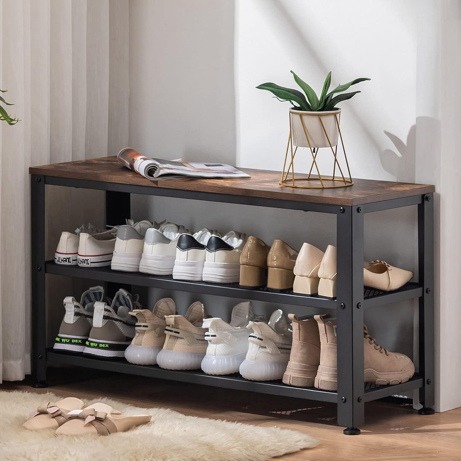 71BXGndxqpL._SL1500_ URKV Wooden Shoe Rack for Home | Metal Frame Multipurpose Shoe Cabinet for Living Room & Home Hall Furniture - Image 1