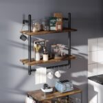 URKV Bestier Wall Mounted Kitchen Shelf with Hooks | Wooden Floating Shelf Storage Organizer Rack for Mugs Plates Jars Spices Utensils | Metal Frame Kitchen Wall Rack - Image 5