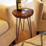 URKV Wooden Side End Table for Living Room | Tree Slice Accent End Table with Modern Black Hairpin Legs for Living Room, Bedroom, or Patio