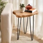 URKV Wooden End Table | Side Table | Corner Stool Plant Stand for Bedroom, Living Room Indoor and Outdoor Tables (Black Metal Legs) Real Wood Slice Live Edge