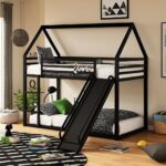 Metal Kids Bunk Bed with Slide & Ladder – House Shaped Twin Over Twin Bed Frame for Boys & Girls |