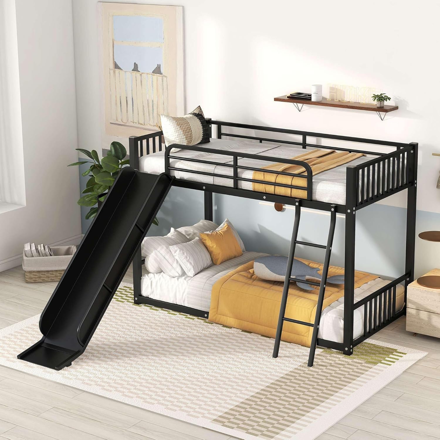 719wEl7G1GL._SL1500_ Kids Metal Bunk Bed Twin Over Twin with Slide – Heavy Duty Steel Frame, Guardrails & Ladder | - Image 1