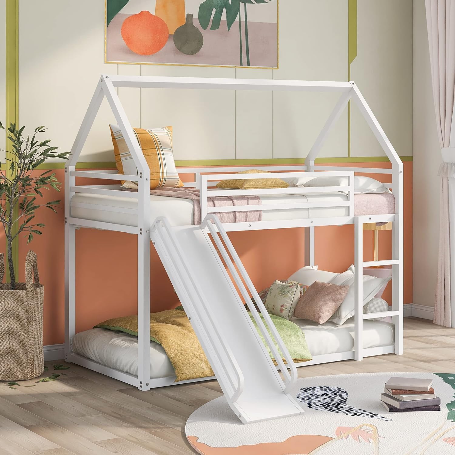 71EU28u-TQL._SL1500_ Twin Over Twin Metal Bunk Bed for Adults | Bunk Bed with Slide | Modern Over Bed Frame with Ladder for Kids Bedroom (White) - Image 1