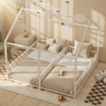 Twin Floor Bed House Frame for Kids | Two-Person Metal Play Bed with Slatted Rails |