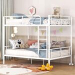 Black Metal Bunk Bed Twin Over Full Size with Wood Accent Panels | Heavy-Duty Frame, Ladder & Safety Guard Rail for Kids, Teens