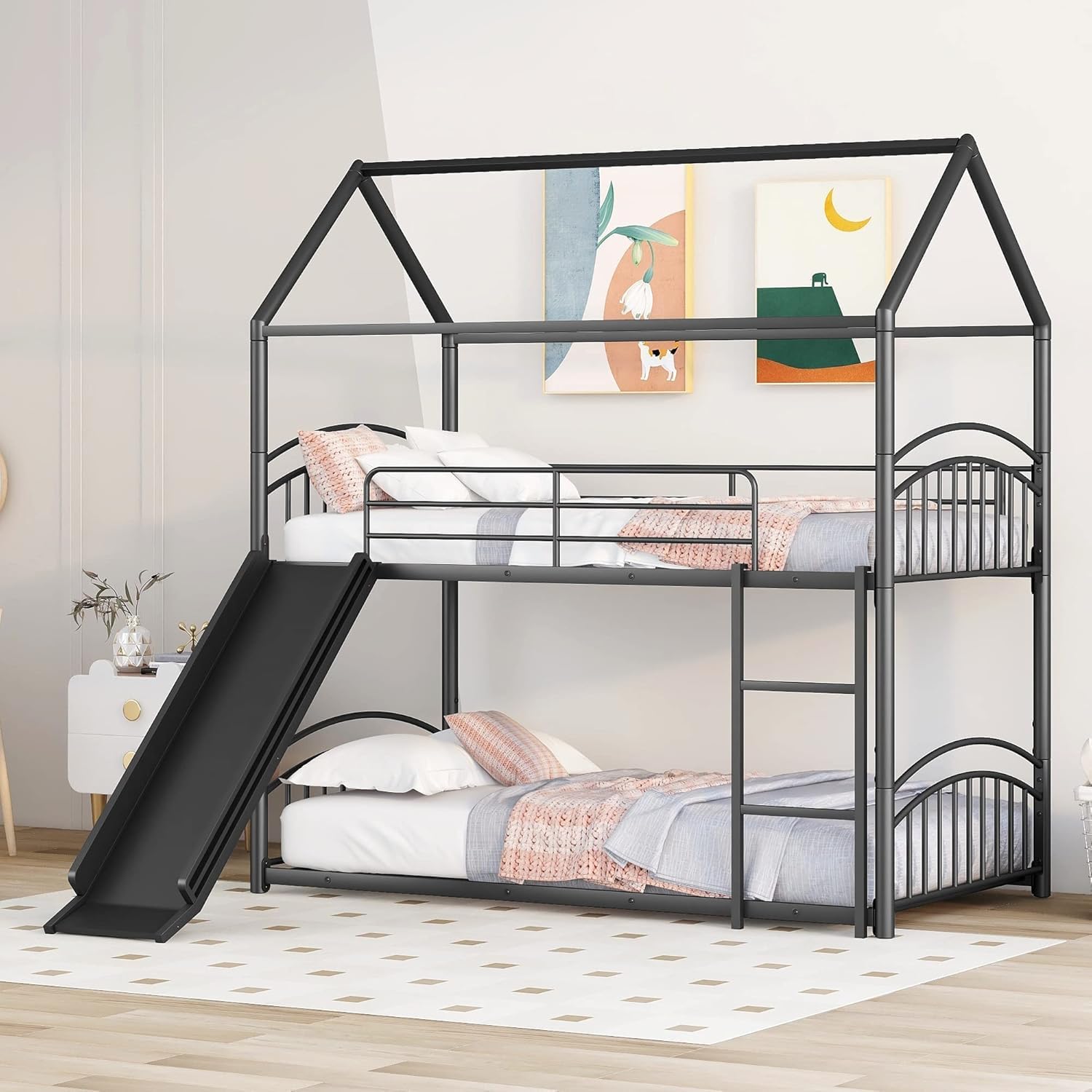 71m2dus28lL._SL1500_ Metal Bunk Bed for Kids | Twin Over Twin Metal Bunk Bed with Slide for Bedroom - Image 1