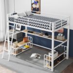 Metal Twin Size Loft Bed with Desk and Storage Shelves, Heavy Duty Loft Bed Frame with Safety Guardrail for Kids Boys Girls |