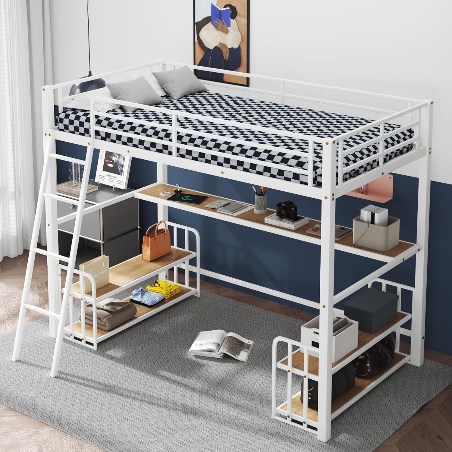 81-wdFuzjSL._SL1500_ Metal Twin Size Loft Bed with Desk and Storage Shelves, Heavy Duty Loft Bed Frame with Safety Guardrail for Kids Boys Girls | - Image 1